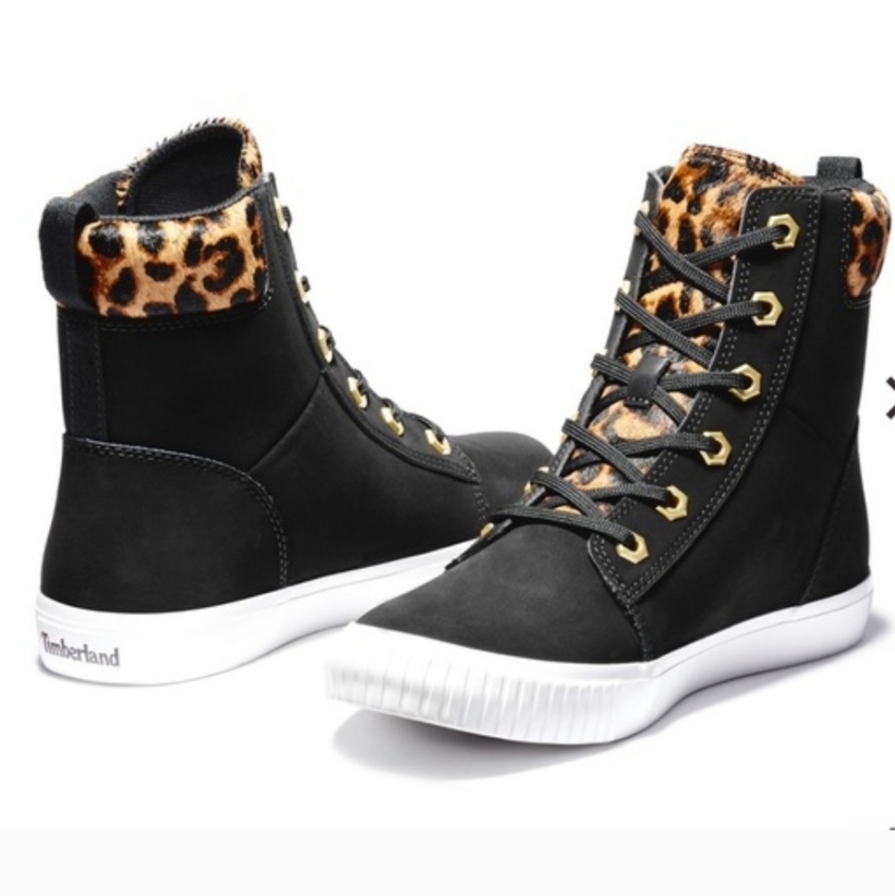 Timberland Black High-Top Sneakers with Leopard Collar